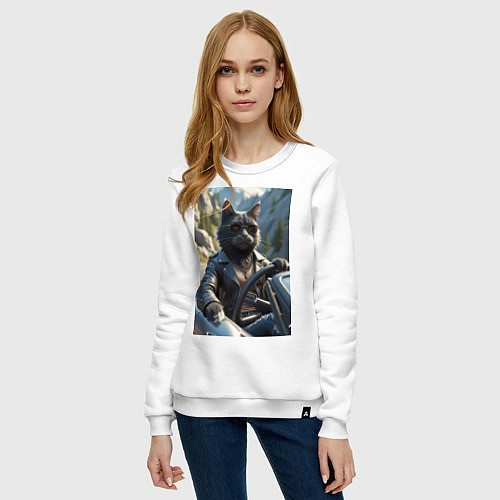 Женский свитшот Кот за рулем кабролета / Белый – фото 3