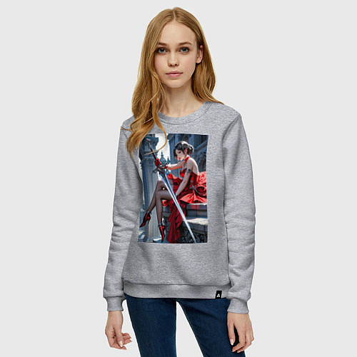 Женский свитшот Девушка в красном платье с мечем / Меланж – фото 3