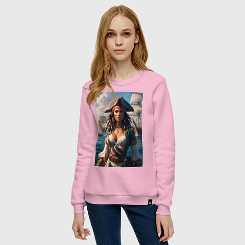 Женский свитшот Пиратка на фона флотилии кораблей / Светло-розовый – фото 3