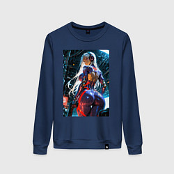 Свитшот хлопковый женский Девушка с оружием в киберпанк стиле, цвет: тёмно-синий