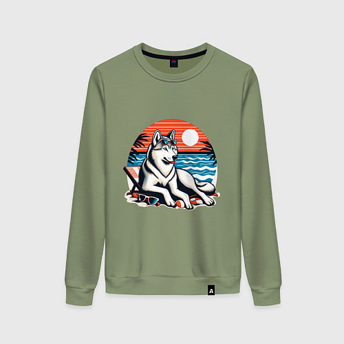 Женский свитшот Хаски отдыхает на пляже / Авокадо – фото 1