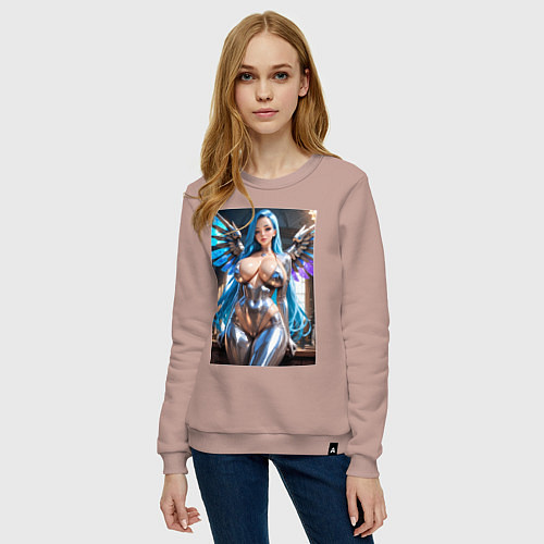 Женский свитшот Девушка-ангел с механическими крыльями / Пыльно-розовый – фото 3