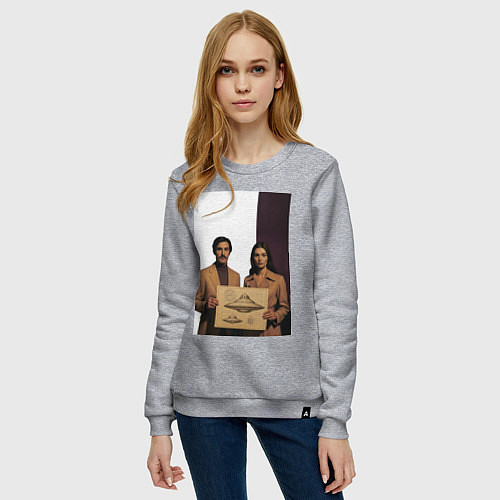 Женский свитшот Мужчина и женщина с чертежом НЛО ретро поп-арт 197 / Меланж – фото 3