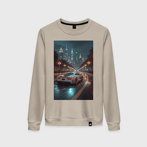 Женский свитшот Белый суперкар едет к мегаполису / Миндальный – фото 1