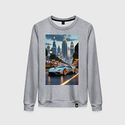 Свитшот хлопковый женский Белый суперкар едет к мегаполису, цвет: меланж