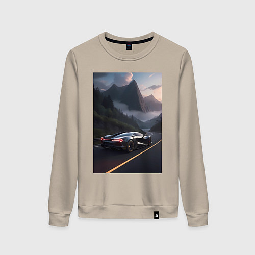 Женский свитшот Черный суперкар едет по горной дороге / Миндальный – фото 1