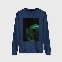 Свитшот хлопковый женский Нападение Тилозавра на батискаф с девушкой ужасы, цвет: тёмно-синий