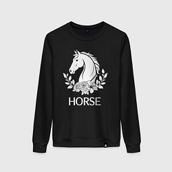 Свитшот хлопковый женский Лошадь в цветах, цвет: черный
