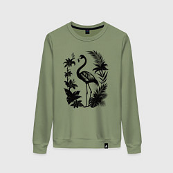 Свитшот хлопковый женский Черный фламинго в цветах, цвет: авокадо