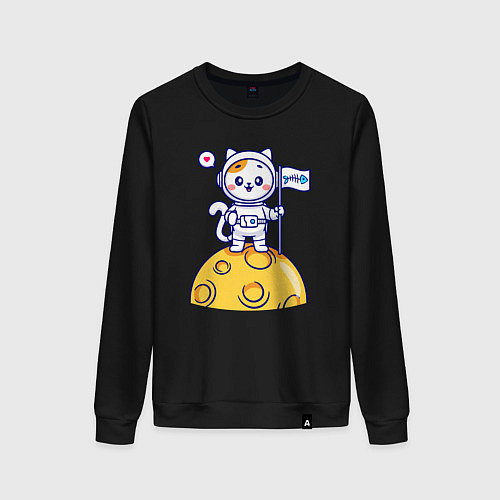 Женский свитшот Котик космонавт на луне / Черный – фото 1