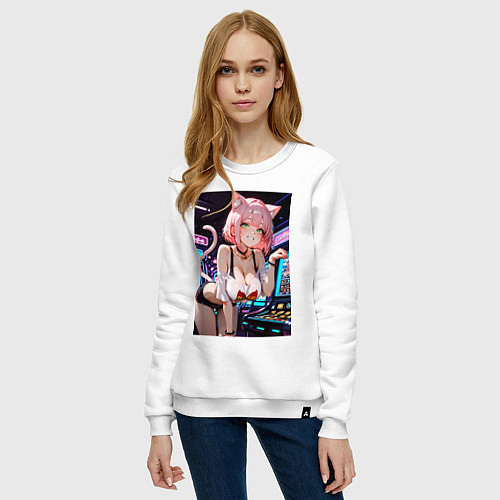 Женский свитшот Кошка в зале аркадных автоматов / Белый – фото 3