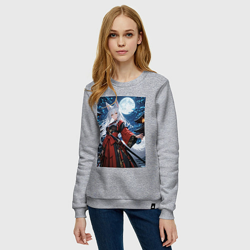 Женский свитшот Прекрасная лиса в кимоно на фоне луны / Меланж – фото 3
