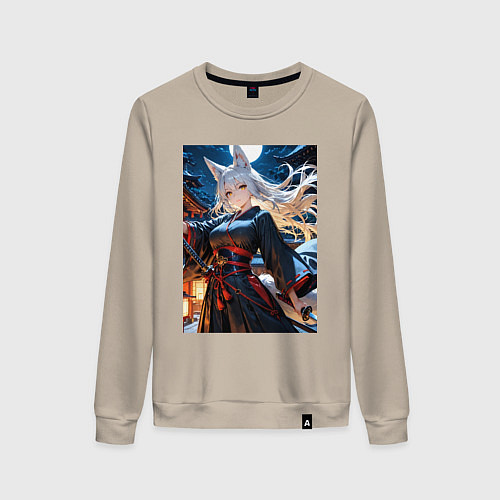 Женский свитшот Самурай-лиса на фоне полнолуния / Миндальный – фото 1