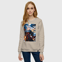 Свитшот хлопковый женский Самурай-лиса на фоне полнолуния, цвет: миндальный — фото 2