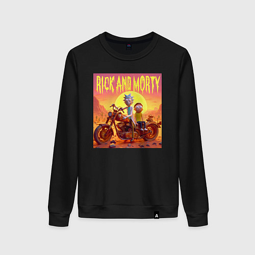 Женский свитшот Рик и Морти на ржавом ретро мотоцикле в пустыне / Черный – фото 1