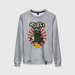 Свитшот хлопковый женский Неко кот чёрный самурай каваи, цвет: меланж