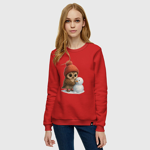 Женский свитшот Сова в шапке лепет снеговика / Красный – фото 3