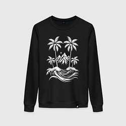 Свитшот хлопковый женский Тропический остров: пальмы, горы и волны, цвет: черный
