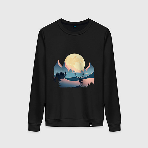 Женский свитшот Горы, луна и олень, зимний пейзаж / Черный – фото 1