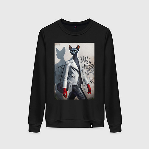 Женский свитшот Cat girl Cornish Rex - ai art fantasy / Черный – фото 1