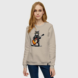 Свитшот хлопковый женский Кот в косухе с электрогитарой, цвет: миндальный — фото 2