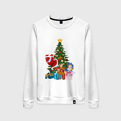 Свитшот хлопковый женский Санта Клаус и снегурочка радуются новому году, цвет: белый
