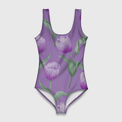 Купальник-боди 3D женский Фиолетовые тюльпаны с зелеными листьями, цвет: 3D-принт