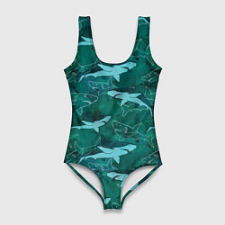 Купальник-боди 3D женский Акулы не темно бирюзовом фоне, цвет: 3D-принт