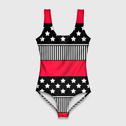 Купальник-боди 3D женский Red and black pattern with stripes and stars, цвет: 3D-принт