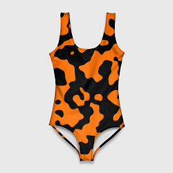 Купальник-боди 3D женский Чёрные абстрактные пятна на оранжевом фоне, цвет: 3D-принт