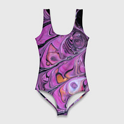 Купальник-боди 3D женский Фиолетовые краски и камни, цвет: 3D-принт