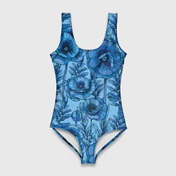 Купальник-боди 3D женский Синие цветы, цвет: 3D-принт