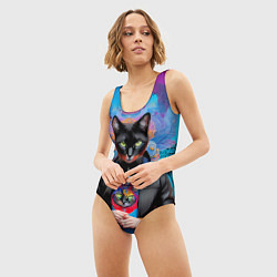Купальник-боди 3D женский Чёрная модница кошка - нейросеть, цвет: 3D-принт — фото 2