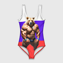 Купальник-боди 3D женский Накаченный медведь на Российском флаге, цвет: 3D-принт