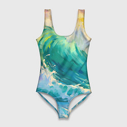 Купальник-боди 3D женский Нарисованные волны моря, цвет: 3D-принт