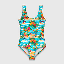 Купальник-боди 3D женский Гавайский стиль море и цветы, цвет: 3D-принт