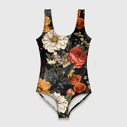 Купальник-боди 3D женский Цветочный паттерн на черном, цвет: 3D-принт