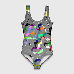 Купальник-боди 3D женский Серая абстракция с цветными элементами, цвет: 3D-принт