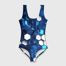Купальник-боди 3D женский Cyber hexagon Blue, цвет: 3D-принт