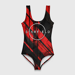 Купальник-боди 3D женский Starfield logo red black background, цвет: 3D-принт