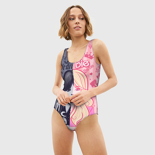 Женский купальник-боди Барби и Уэнсдей - мои две личности: в стиле тату / 3D-принт – фото 3