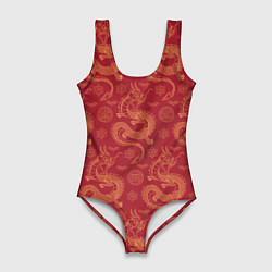 Купальник-боди 3D женский Dragon red pattern, цвет: 3D-принт