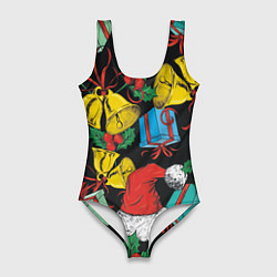 Купальник-боди 3D женский Узор с рождественскими колокольчиками, цвет: 3D-принт