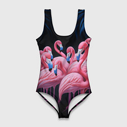 Купальник-боди 3D женский Стая розовых фламинго в темноте, цвет: 3D-принт