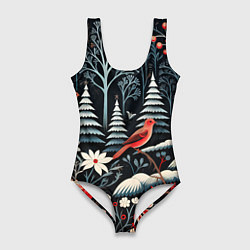 Купальник-боди 3D женский Новогодний лес и птицы, цвет: 3D-принт