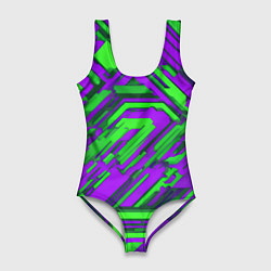 Купальник-боди 3D женский Кибкрпанк полосы фиолетовые и зелёные, цвет: 3D-принт