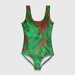 Купальник-боди 3D женский Киберпанк линии красные и зелёные, цвет: 3D-принт