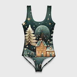 Купальник-боди 3D женский Снежная деревня в праздничном наряде, цвет: 3D-принт