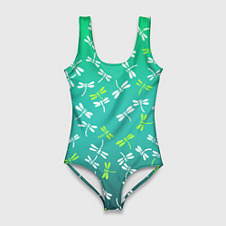 Купальник-боди 3D женский Белые и ядовито-зелёные стрекозы, цвет: 3D-принт