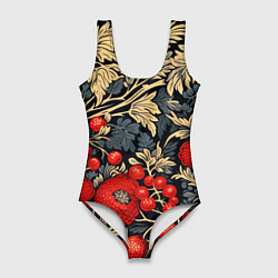 Купальник-боди 3D женский Новогодние ягодки и узоры, цвет: 3D-принт